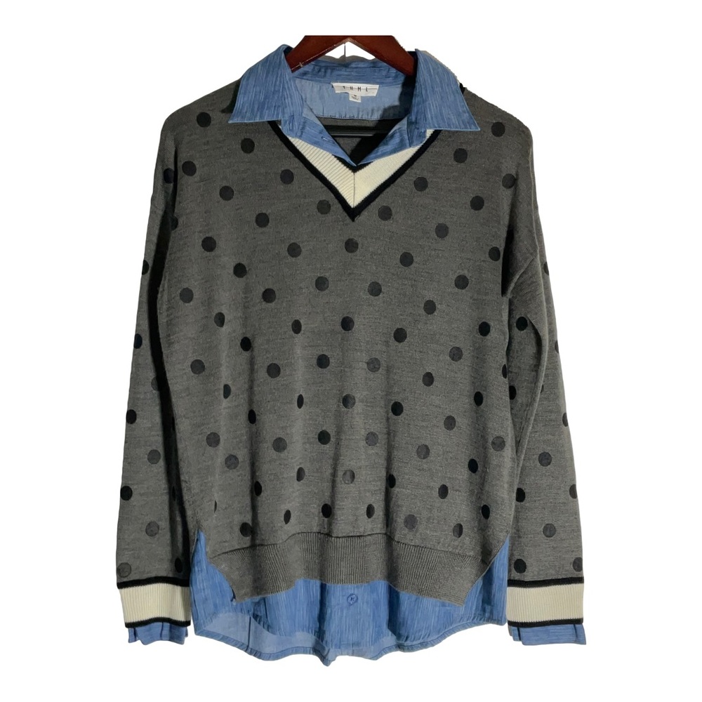 Gray Polka Dot V-Neck Sweater